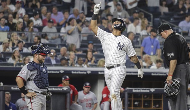 Jun 13, 2018; Bronx, NY, USA; New York Yankees second baseman Gleyber Torres (25) celebrates at home plate after hitting a home run in the fifth inning against the Washington Nationals at Yankee Stadium. Photo Credit: Wendell Cruz-USA TODAY Sports