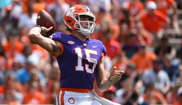 Apr 14, 2018; Clemson, SC, USA; Clemson Tigers quarterback Hunter Johnson (15) looks to throw during the Spring Game at Memorial Stadium. Photo Credit: Adam Hagy-USA TODAY Sports