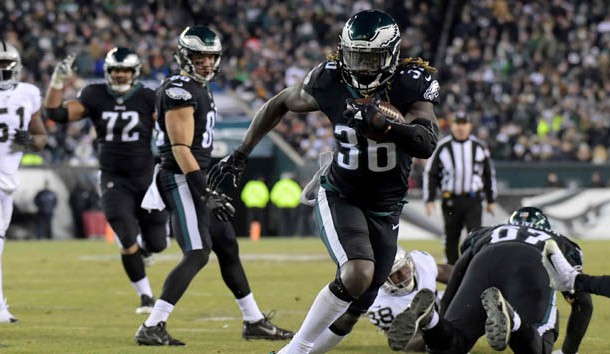 Dec 25, 2017; Philadelphia, PA, USA; Philadelphia Eagles running back Jay Ajayi (36) runs in a touchdown against the Oakland Raiders during an NFL football game at Lincoln Financial Field. Photo Credit: Kirby Lee-USA TODAY Sports