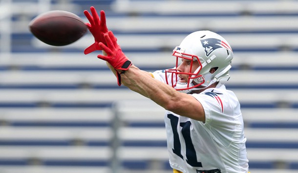 May 22, 2018; Foxborough, MA, USA; New England Patriots wide receiver Julian Edelman (11) catches a pass during organized team activities at Gillette practice fields. Photo Credit: Stew Milne-USA TODAY Sports