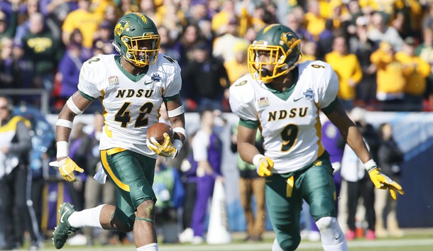 Jan 6, 2018; Frisco, TX, USA; North Dakota State Bison linebacker Jabril Cox (42) returns a fumble in the second quarter against the James Madison Dukes at Toyota Stadium. Photo Credit: Tim Heitman-USA TODAY Sports