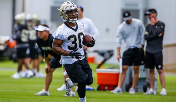 May 24, 2018; Metairie, LA, USA; New Orleans Saints running back Boston Scott (30) during organized team activities at the Ochsner Sports Performance Center. Photo Credit: Derick E. Hingle-USA TODAY Sports