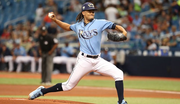 Jul 22, 2018; St. Petersburg, FL, USA; Tampa Bay Rays starting pitcher Chris Archer (22) throws pitch during the first inning against the Miami Marlins at Tropicana Field. Photo Credit: Kim Klement-USA TODAY Sports