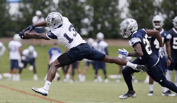 Jun 12, 2018; Frisco, TX, USA; Dallas Cowboys wide receiver Michael Gallup (13) catches a pass during minicamp at Dallas Cowboys headquarters at The Star. Photo Credit: Tim Heitman-USA TODAY Sports