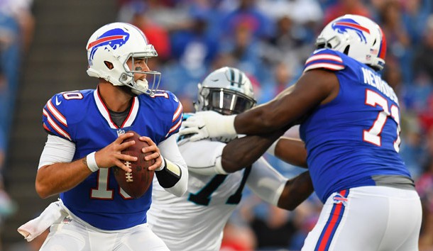 Aug 9, 2018; Orchard Park, NY, USA; Buffalo Bills quarterback AJ McCarron (10) drops back to pass against the Carolina Panthers during the second quarter at New Era Field. Photo Credit: Rich Barnes-USA TODAY Sports