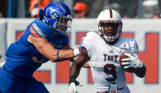 Sep 2, 2017; Boise, ID, USA; Troy Trojans running back Jamarius Henderson (9) during second half action versus the Boise State Broncos at Albertsons Stadium. Boise State defeats Troy 24-13. Photo Credit: Brian Losness-USA TODAY Sports