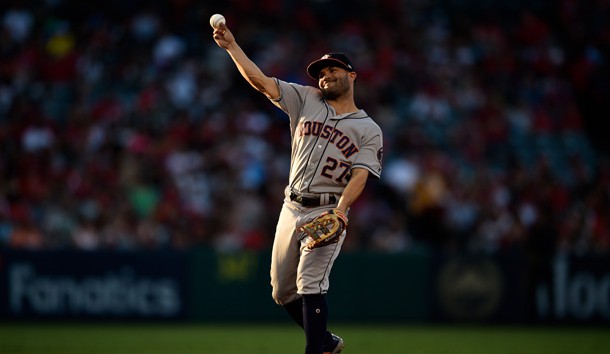 Jul 20, 2018; Anaheim, CA, USA; Houston Astros second baseman Jose Altuve (27) warms up during the first inning against the Los Angeles Angels at Angel Stadium of Anaheim. Photo Credit: Kelvin Kuo-USA TODAY Sports