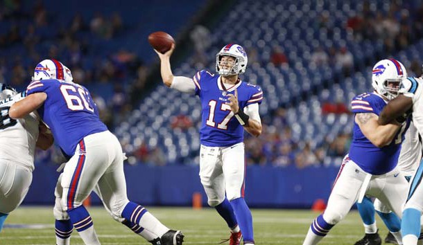 Aug 9, 2018; Orchard Park, NY, USA; Buffalo Bills quarterback Josh Allen (17) throws a pass during the second half against the Carolina Panthers at New Era Field. Photo Credit: Timothy T. Ludwig-USA TODAY Sports