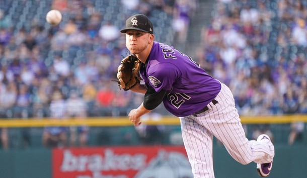 Aug 11, 2018; Denver, CO, USA; Colorado Rockies starting pitcher Kyle Freeland (21) throws during the first inning of game against the Los Angeles Dodgers at Coors Field. Photo Credit: Troy Babbitt-USA TODAY Sports
