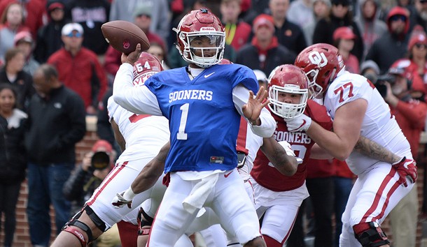 Apr 14, 2018; Stillwater, OK, USA; Oklahoma Sooners quarterback Kyler Murray (1) passes the ball during the spring game at Gaylord Family Memorial Stadium. Photo Credit: Mark D. Smith-USA TODAY Sports