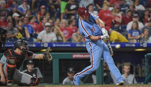 Aug 2, 2018; Philadelphia, PA, USA; Philadelphia Phillies left fielder Rhys Hoskins (17) hits a home run during the sixth inning of the game against the Miami Marlins at Citizens Bank Park. The Phillies won the game 5-2. Photo Credit: John Geliebter-USA TODAY Sports