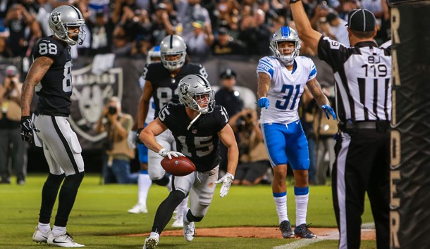 Aug 10, 2018; Oakland, CA, USA; Oakland Raiders wide receiver Ryan Switzer (15) celebrates after scoring a touchdown during the second quarter against the Detroit Lions at Oakland Coliseum. Photo Credit: Sergio Estrada-USA TODAY Sports