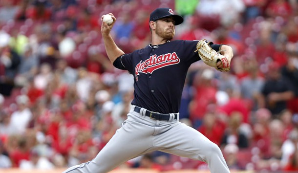 Aug 15, 2018; Cincinnati, OH, USA; Cleveland Indians starting pitcher Shane Bieber (57) throws against the Cincinnati Reds during the first inning at Great American Ball Park. Photo Credit: David Kohl-USA TODAY Sports
