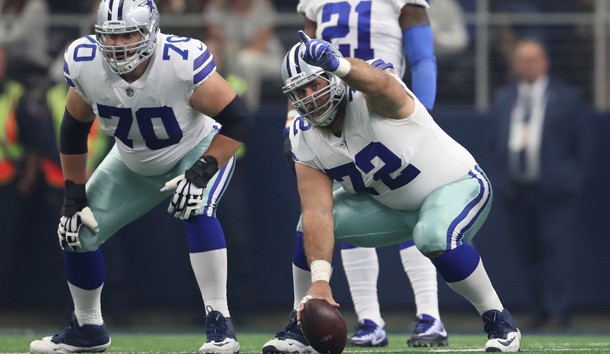Oct 8, 2017; Arlington, TX, USA; Dallas Cowboys center Travis Frederick (72) signals prior to the snap with guard Zack Martin (70) against the Green Bay Packers at AT&T Stadium. Photo Credit: Matthew Emmons-USA TODAY Sports
