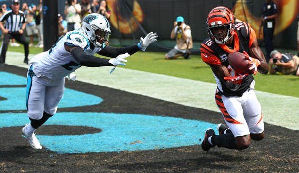 Sep 23, 2018; Charlotte, NC, USA; Cincinnati Bengals wide receiver A.J. Green (18) tries to catch a pass in the first quarter against Carolina Panthers cornerback James Bradberry (24) at Bank of America Stadium. Photo Credit: Jeremy Brevard-USA TODAY Sports