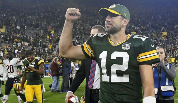 Sep 9, 2018; Green Bay, WI, USA;  Green Bay Packers quarterback Aaron Rodgers (12) celebrates after beating the Chicago Bears at Lambeau Field. Photo Credit: Benny Sieu-USA TODAY Sports