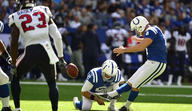 Sep 30, 2018; Indianapolis, IN, USA; Indianapolis Colts kicker Adam Vinatieri (4) kicks an extra point during the first half against the Houston Texans at Lucas Oil Stadium. Photo Credit: Jeff Curry-USA TODAY Sports