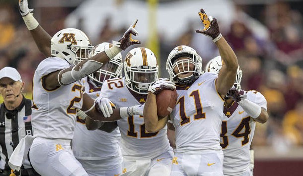 Aug 30, 2018; Minneapolis, MN, USA; Minnesota Golden Gophers defensive back Antoine Winfield Jr. (11) celebrates after intercepting a pass in the first half against the New Mexico State Aggies at TCF Bank Stadium. Photo Credit: Jesse Johnson-USA TODAY Sports