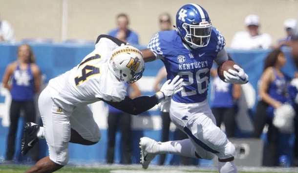 Sep 15, 2018; Lexington, KY, USA; Kentucky Wildcats running back Benny Snell Jr. (26) runs the ball against the Murray State Racers in the first half at Kroger Field. Photo Credit: Mark Zerof-USA TODAY Sports