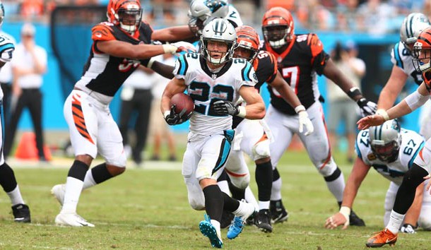 Sep 23, 2018; Charlotte, NC, USA; Carolina Panthers running back Christian McCaffrey (22) carries the ball in the fourth quarter against the Carolina Panthers at Bank of America Stadium. Mandatory Credit: Jeremy Brevard-USA TODAY Sports