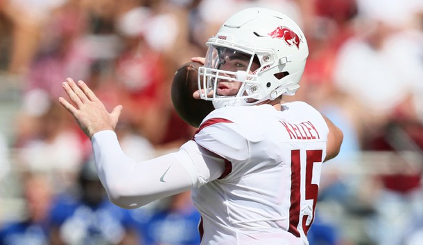 Sep 1, 2018; Fayetteville, AR, USA; Arkansas Razorbacks quarterback Cole Kelley (15) passes in the first quarter against the Eastern Illinois Panthers at Donald W. Reynolds Razorback Stadium. Photo Credit: Nelson Chenault-USA TODAY Sports
