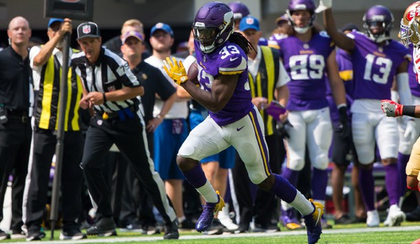 Sep 9, 2018; Minneapolis, MN, USA; Minnesota Vikings running back Dalvin Cook (33) runs with the ball in the second quarter against s` at U.S. Bank Stadium. Photo Credit: Brad Rempel-USA TODAY Sports