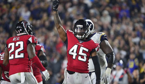 January 6, 2018; Los Angeles, CA, USA; Atlanta Falcons middle linebacker Deion Jones (45) reacts after a defensive play against the Los Angeles Rams during the second half in the NFC Wild Card playoff football game at the Los Angeles Memorial Coliseum. Photo Credit: Gary A. Vasquez-USA TODAY Sports