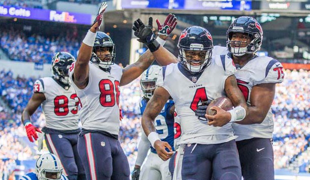 Sep 30, 2018; Indianapolis, IN, USA; Houston Texans quarterback Deshaun Watson (4) celebrates his touchdown with his teammates in the second half against the Indianapolis Colts at Lucas Oil Stadium. Photo Credit: Trevor Ruszkowski-USA TODAY Sports