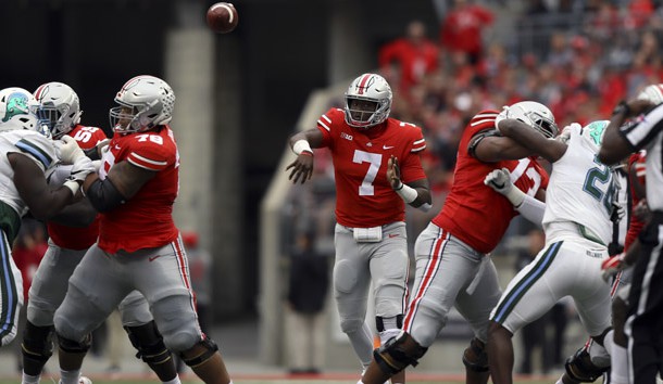 Sep 22, 2018; Columbus, OH, USA; Ohio State Buckeyes quarterback Dwayne Haskins (7) throws a pass against the Tulane Green Wave in the first half at Ohio Stadium. Photo Credit: Aaron Doster-USA TODAY Sports