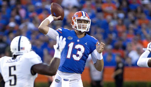 Sep 1, 2018; Gainesville, FL, USA; Florida Gators quarterback Feleipe Franks (13) throws during the first quarter of play against the Charleston Southern Buccaneers at Ben Hill Griffin Stadium. Photo Credit: Glenn Beil-USA TODAY Sports