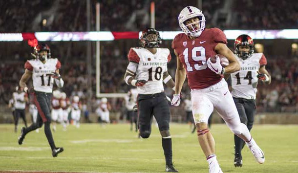 August 31, 2018; Stanford, CA, USA; Stanford Cardinal wide receiver Jj Arcega-Whiteside (19) scores a touchdown against the San Diego State Aztecs during the third quarter at Stanford Stadium. Stanford defeated San Diego State 31-10. Photo Credit: Kyle Terada-USA TODAY Sports