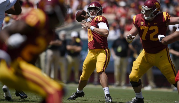 Sep 1, 2018; Los Angeles, CA, USA; Southern California Trojans quarterback JT Daniels (18) attempts a pass during the first half against the UNLV Rebels at Los Angeles Memorial Coliseum. Photo Credit: Kelvin Kuo-USA TODAY Sports