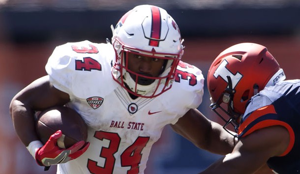 Sep 2, 2017; Champaign, IL, USA; Ball State Cardinals running back James Gilbert (34) carries the ball against the Illinois Fighting Illini during the 3rd Quarter at Memorial Stadium. Photo Credit: Mike Granse-USA TODAY Sports