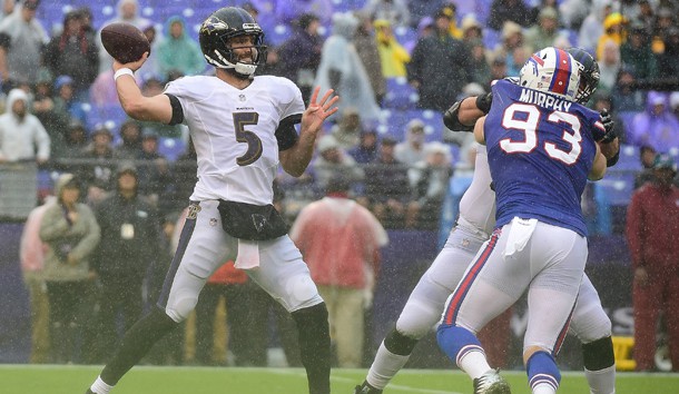 Sep 9, 2018; Baltimore, MD, USA; Baltimore Ravens quarterback Joe Flacco (5) throws during the second quarter against the Buffalo Bills at M&T Bank Stadium. Baltimore Ravens defeated Buffalo Bills 47-3. Photo Credit: Tommy Gilligan-USA TODAY Sports