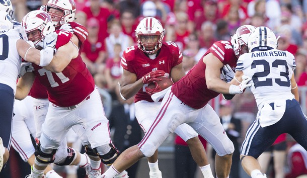 Sep 15, 2018; Madison, WI, USA; Wisconsin Badgers running back Jonathan Taylor (23) rushes with the football during the fourth quarter against the BYU Cougars at Camp Randall Stadium. Photo Credit: Jeff Hanisch-USA TODAY Sports