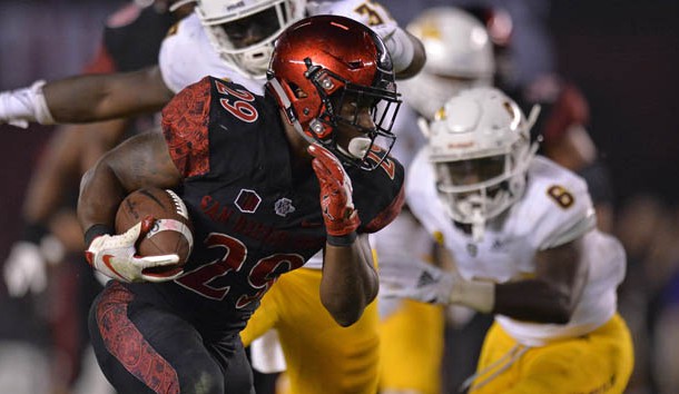 Sep 15, 2018; San Diego, CA, USA; San Diego State Aztecs running back Juwan Washington (29) runs the ball during the third quarter against the Arizona State Sun Devils at SDCCU Stadium. Photo Credit: Jake Roth-USA TODAY Sports