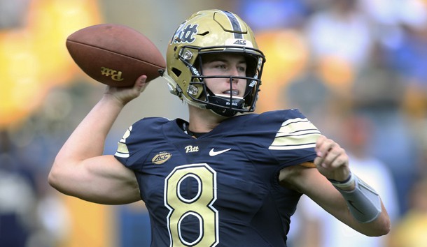 Sep 1, 2018; Pittsburgh, PA, USA;  Pittsburgh Panthers quarterback Kenny Pickett (8) passes against the Albany Great Danes during the second quarter at Heinz Field. Photo Credit: Charles LeClaire-USA TODAY Sports