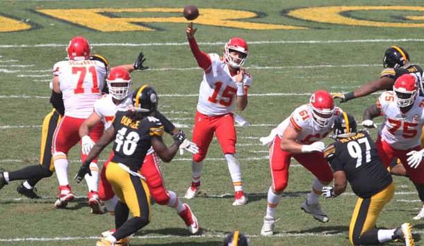 Sep 16, 2018; Pittsburgh, PA, USA;  Kansas City Chiefs quarterback Patrick Mahomes (15) passes against the Pittsburgh Steelers during the second quarter at Heinz Field. Kansas City won 42-37. Photo Credit: Charles LeClaire-USA TODAY Sports