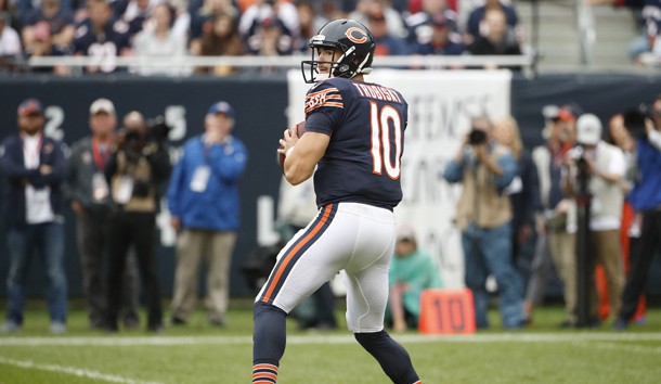 Sep 30, 2018; Chicago, IL, USA; Chicago Bears quarterback Mitchell Trubisky (10) looks to pass the ball against the Tampa Bay Buccaneers during the second half at Soldier Field. Photo Credit: Kamil Krzaczynski-USA TODAY Sports