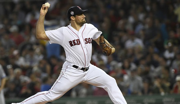 Sep 11, 2018; Boston, MA, USA; Boston Red Sox relief pitcher Nathan Eovaldi (17) pitches during the third inning against the Toronto Blue Jays at Fenway Park. Photo Credit: Bob DeChiara-USA TODAY Sports