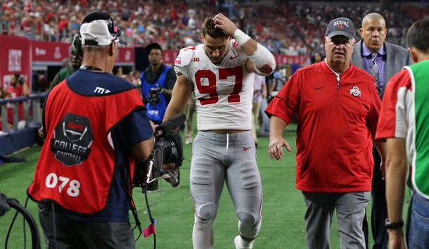Sep 15, 2018; Arlington, TX, USA; Ohio State Buckeyes defensive end Nick Bosa (97) walks to the locker room injured in the third quarter against the Texas Christian Horned Frogs at AT&T Stadium. Mandatory Credit: Matthew Emmons-USA TODAY Sports
