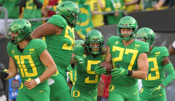 Sep 22, 2018; Eugene, OR, USA; Oregon Ducks tight end Jacob Breeland (27) reacts after scoring a touchdown against the Stanford Cardinal in the first half at Autzen Stadium. Photo Credit: Jaime Valdez-USA TODAY Sports