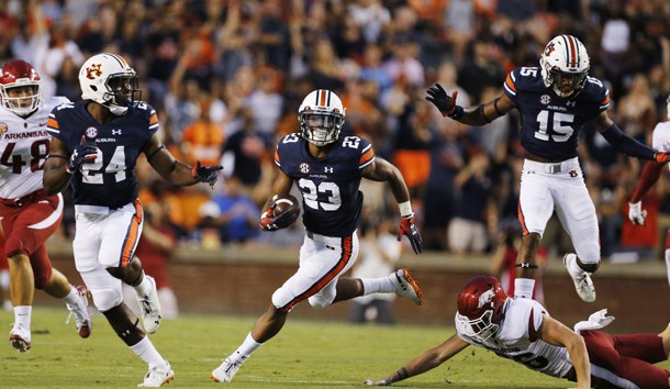 Sep 22, 2018; Auburn, AL, USA; Auburn Tigers receiver Ryan Davis (23) returns a punt against the Arkansas Razorbacks during the first quarter at Jordan-Hare Stadium. Photo Credit: John Reed-USA TODAY Sports