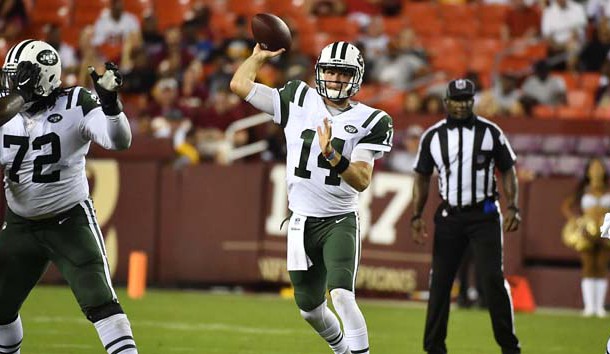 Aug 16, 2018; Landover, MD, USA; New York Jets quarterback Sam Darnold (14) attempts a pass against the Washington Redskins during the first half at FedEx Field. Photo Credit: Brad Mills-USA TODAY Sports