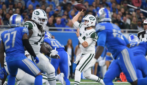 Sep 10, 2018; Detroit, MI, USA; New York Jets quarterback Sam Darnold (14) drops back to pass during the first quarter against the Detroit Lions at Ford Field. Photo Credit: Tim Fuller-USA TODAY Sports