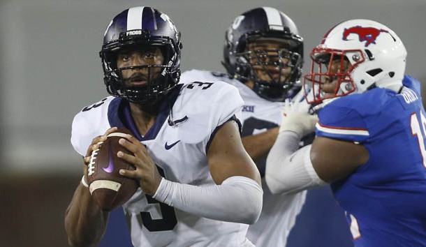 Sep 7, 2018; Dallas, TX, USA; TCU Horned Frogs quarterback Shawn Robinson (3) scrambles for a touchdown in the third quarter against the Southern Methodist Mustangs at Gerald J. Ford Stadium. Photo Credit: Tim Heitman-USA TODAY Sports