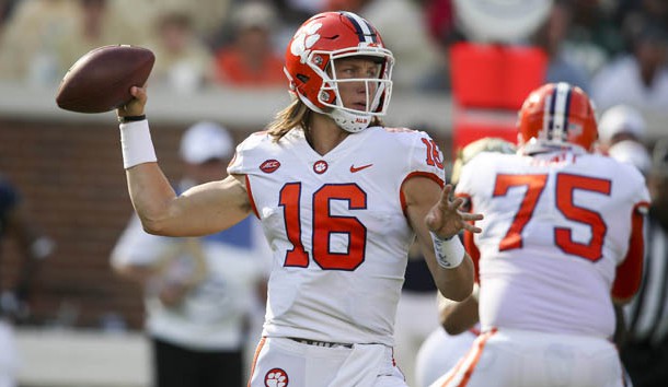 Sep 22, 2018; Atlanta, GA, USA; Clemson Tigers quarterback Trevor Lawrence (16) throws a pass against the Georgia Tech Yellow Jackets in the first half at Bobby Dodd Stadium. Photo Credit: Brett Davis-USA TODAY Sports