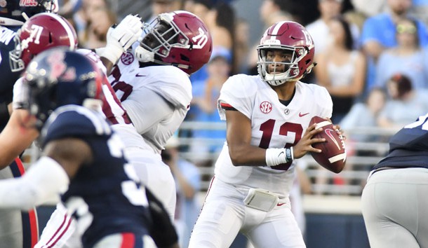 Sep 15, 2018; Oxford, MS, USA; Alabama Crimson Tide quarterback Tua Tagovailoa (13) drops back to pass against the Mississippi Rebels during the first quarter at Vaught-Hemingway Stadium. Photo Credit: Matt Bush-USA TODAY Sports