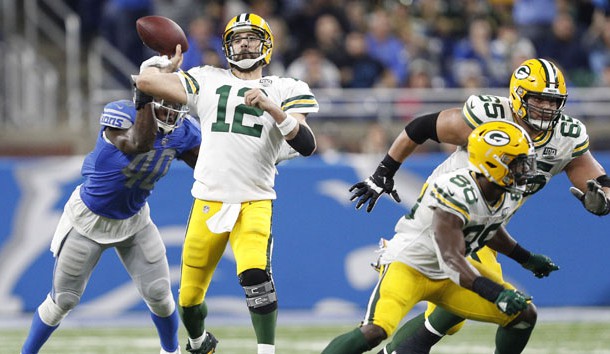 Oct 7, 2018; Detroit, MI, USA; Detroit Lions linebacker Jarrad Davis (40) hits the throwing arm of Green Bay Packers quarterback Aaron Rodgers (12) during the fourth quarter at Ford Field. Photo Credit: Raj Mehta-USA TODAY Sports