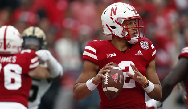 Sep 29, 2018; Lincoln, NE, USA; Nebraska Cornhuskers quarterback Adrian Martinez (2) looks to throw against the Purdue Boilermakers in the first half at Memorial Stadium. Photo Credit: Bruce Thorson-USA TODAY Sports